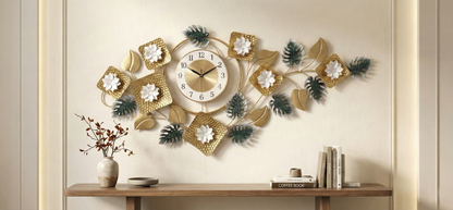 Decorative wall clock with white flowers and metal leaves