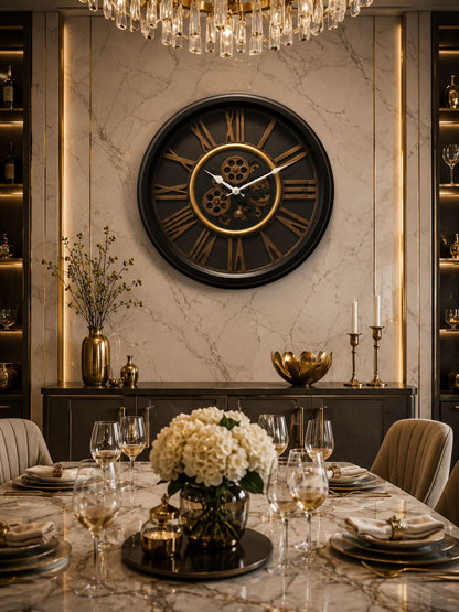 Designer Black Metal Wall Clock Installed in Luxury Dining Room Interior