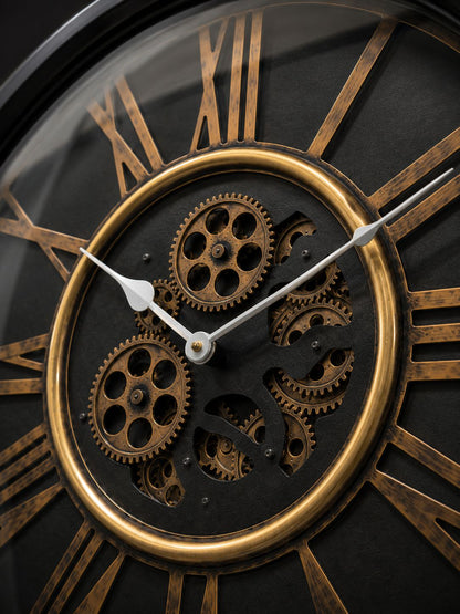 Detailed View of Antique Gold Moving Gear Mechanism and Roman Numerals