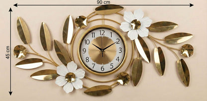 Dimension diagram showing 90cm width and 45cm height of the floral metal wall clock.