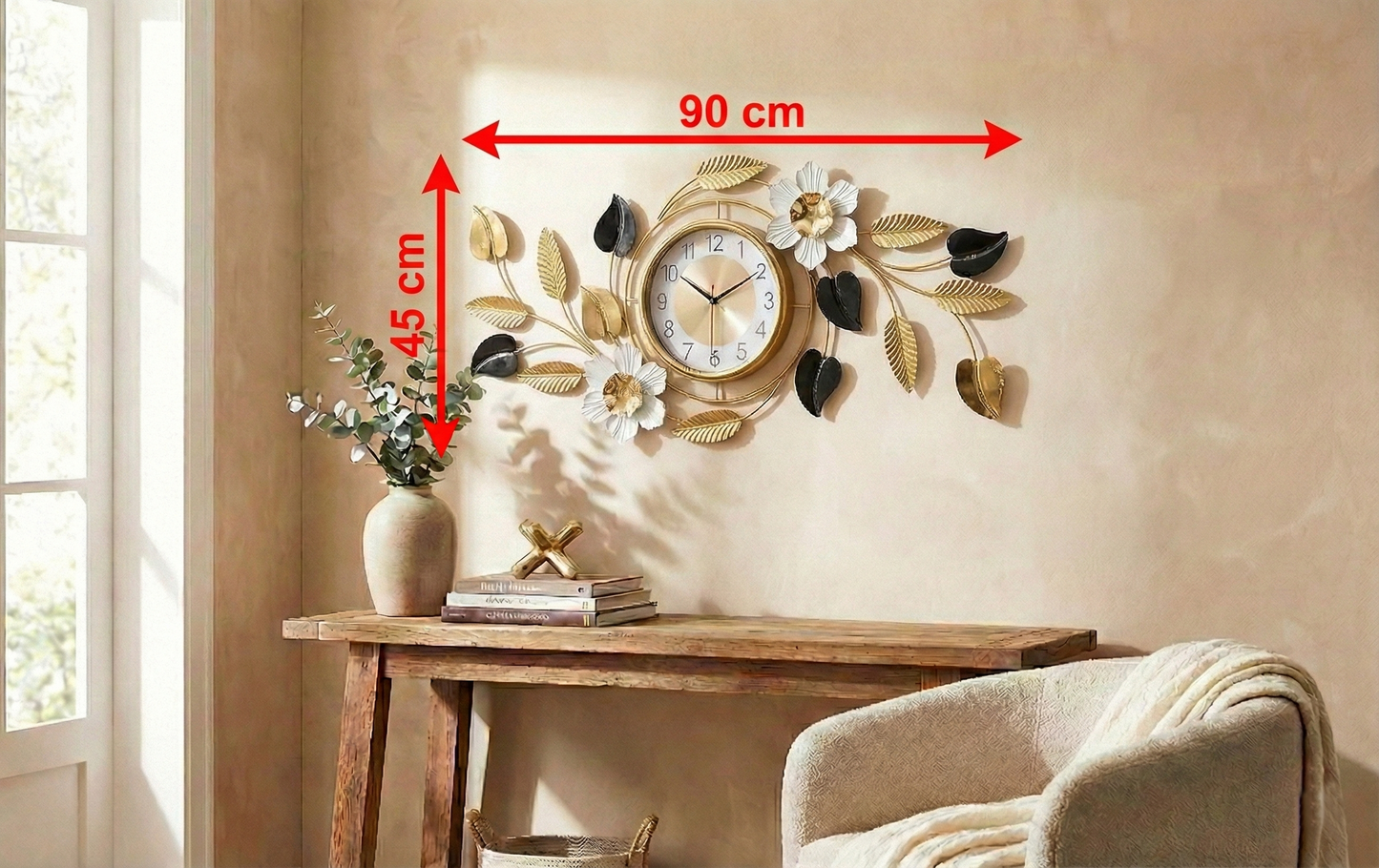 Dimension diagram showing 90cm width and 45cm height of the metal wall clock