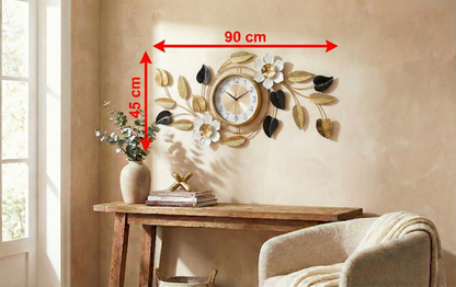 Dimension diagram showing 90cm width and 45cm height of the metal wall clock