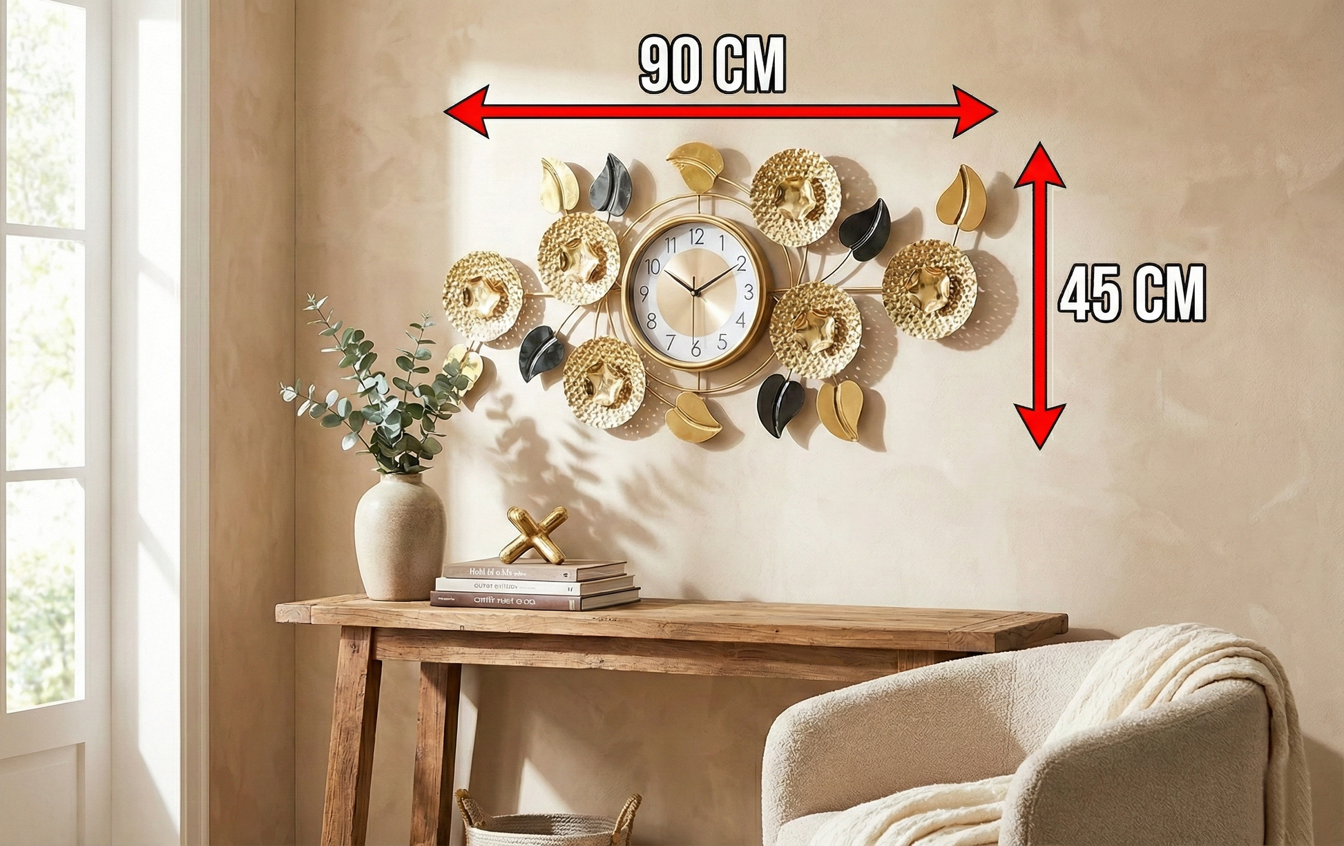 Dimensions diagram of the FunkyDecors wall clock with red arrows indicating a width of 90 CM and a height of 45 CM.