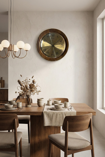 Dining room with wooden table, chairs, and a decorative clock on the wall.