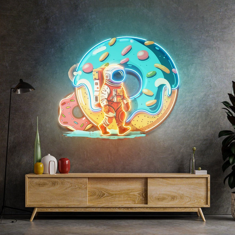 Donut Astronaut Neon Sign - Astronaut Wall Art | Custom Business Logo LED Light |  Coffee Shop Decor | FunkyDecors