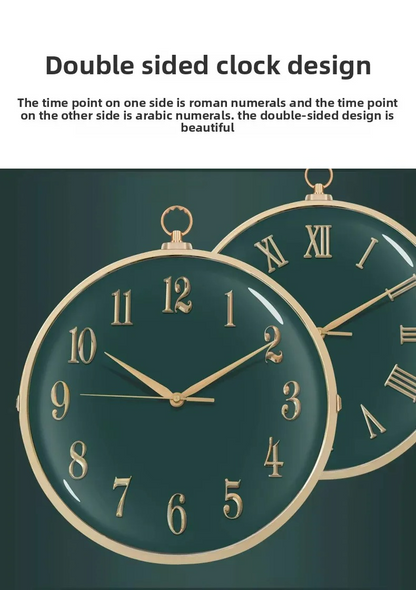 Double-sided clock with Roman numerals on one side and Arabic numerals on the other, set against a dark green background.