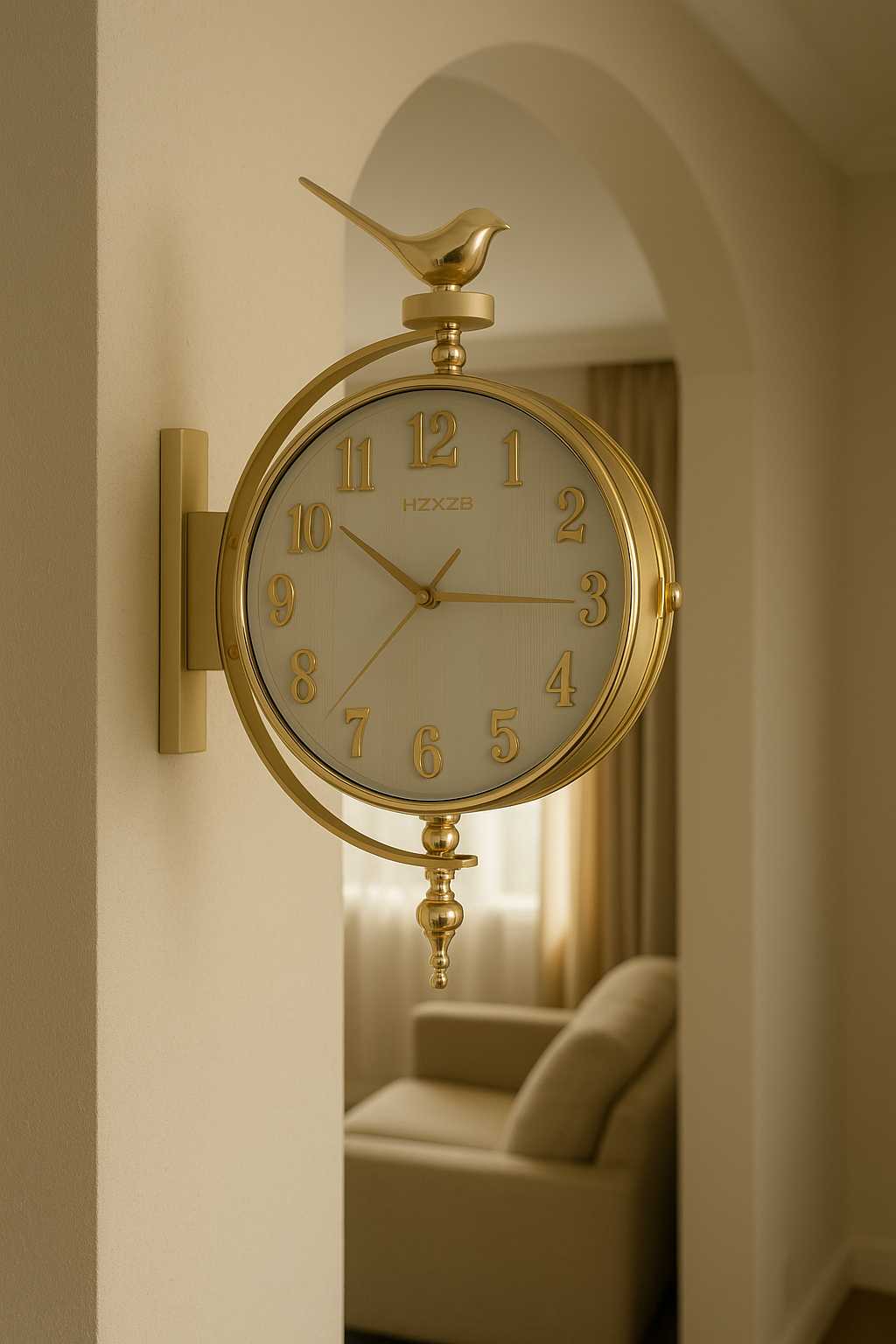 Double-sided designer wall clock displayed in hallway interior