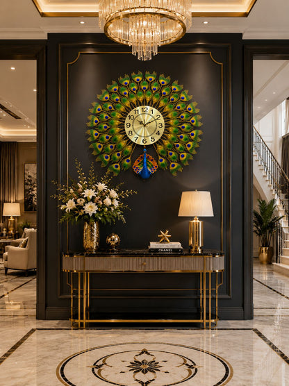 Decorative peacock wall clock on a wall in an elegant interior setting with a console table and chandelier.
