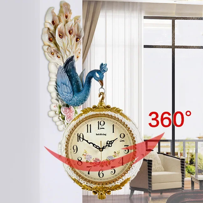 Luxury Peacock Wall Clock for Living Room | 3D Decorative Wall Hanging Double-Sided Clock with 360° Rotation