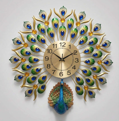FunkyDecors Royal Peacock Metal Wall Clock with Crystal Accents (55cm x 55cm) – Luxury 3D Wall Decor