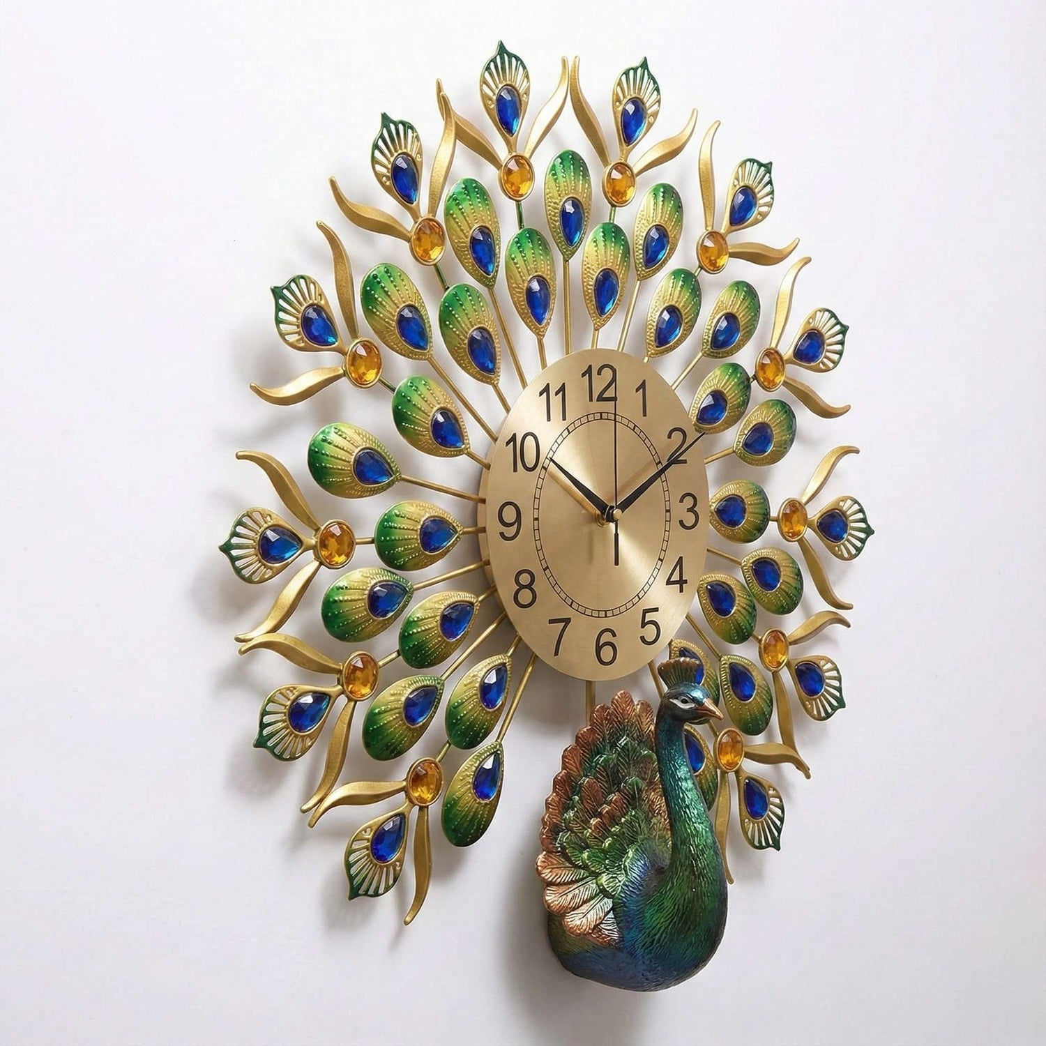 FunkyDecors Royal Peacock Metal Wall Clock with Crystal Accents (55cm x 55cm) – Luxury 3D Wall Decor