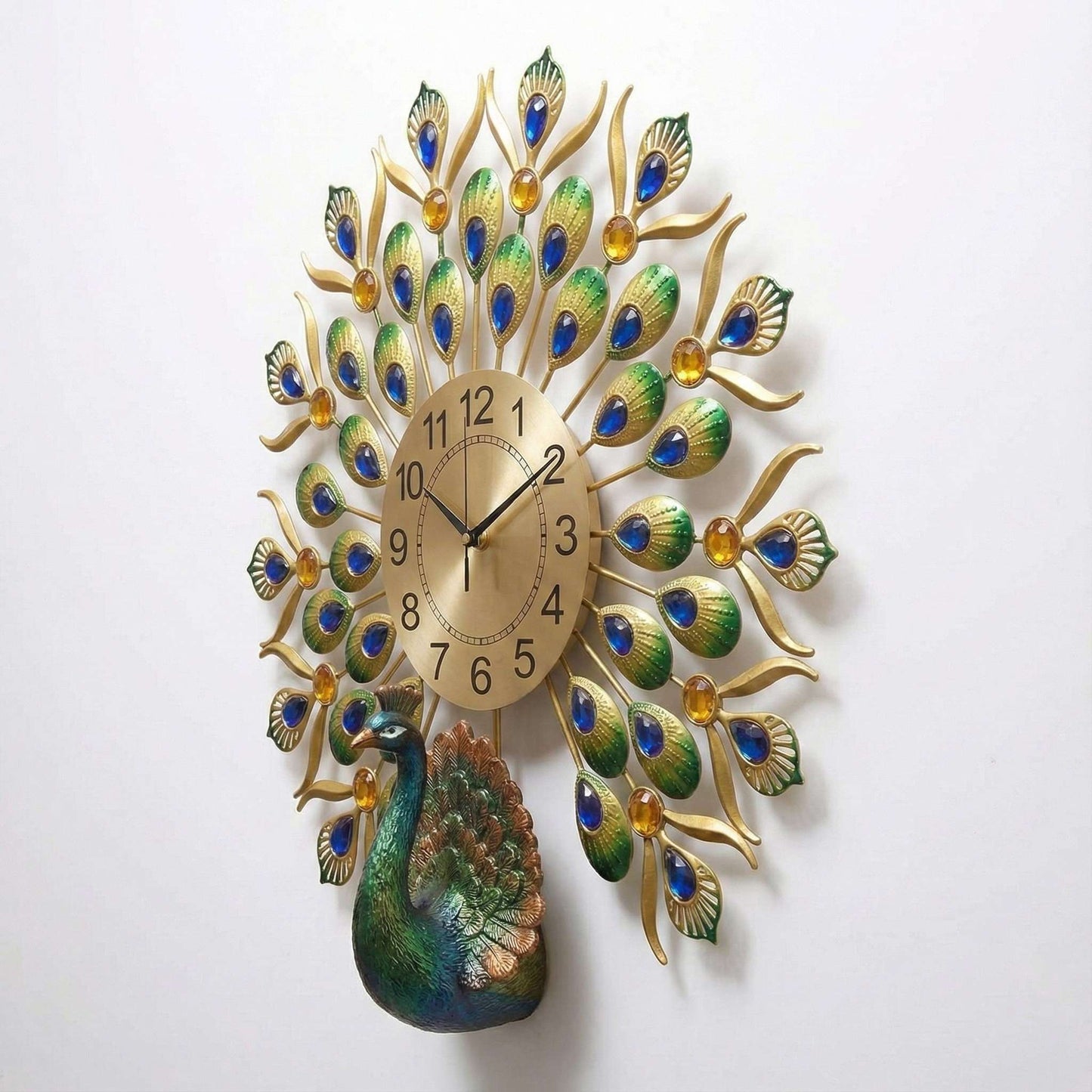FunkyDecors Royal Peacock Metal Wall Clock with Crystal Accents (55cm x 55cm) – Luxury 3D Wall Decor