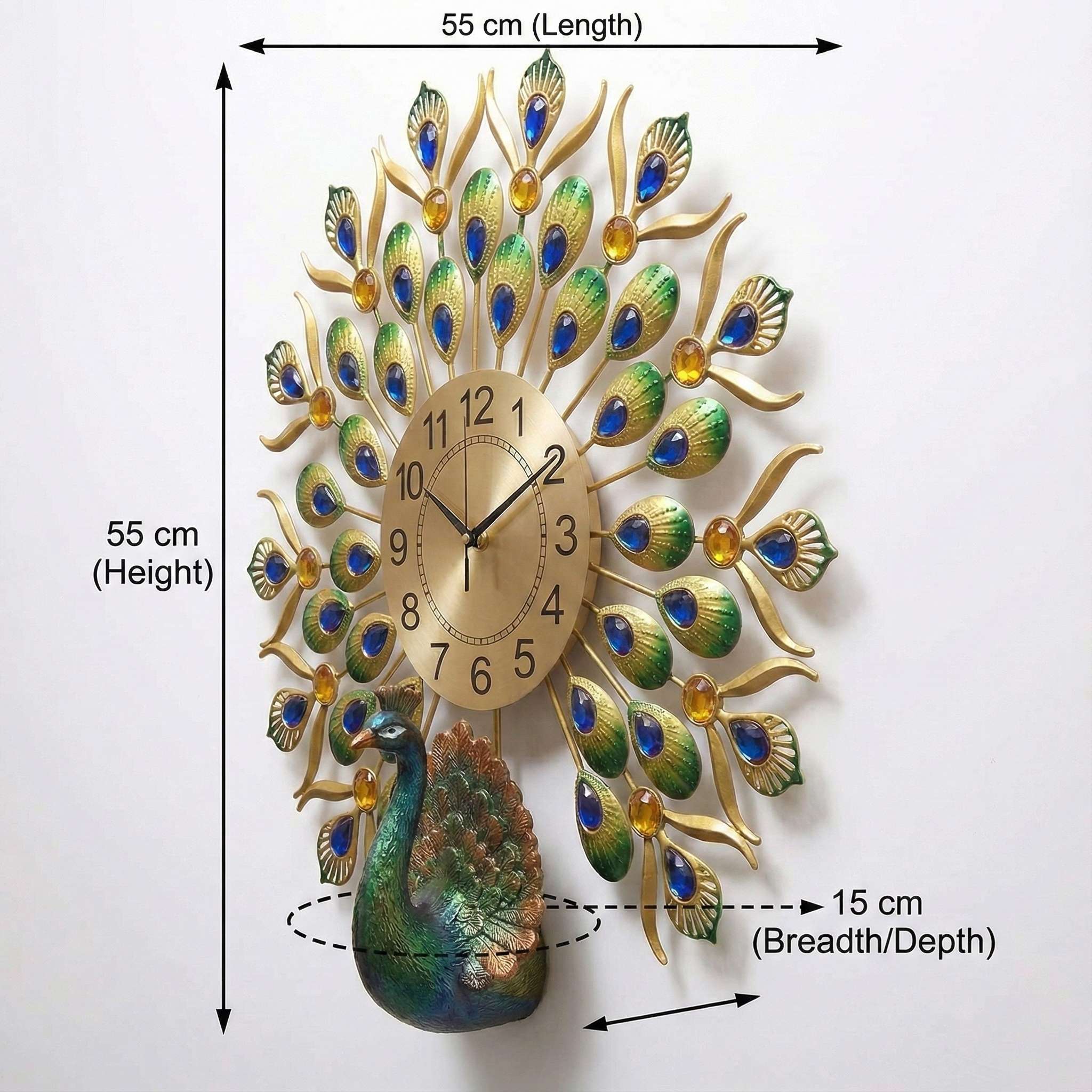FunkyDecors Royal Peacock Metal Wall Clock with Crystal Accents (55cm x 55cm) – Luxury 3D Wall Decor