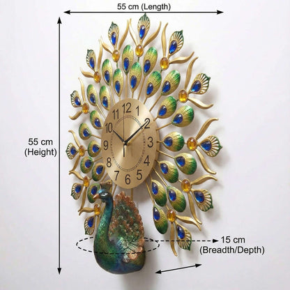 FunkyDecors Royal Peacock Metal Wall Clock with Crystal Accents (55cm x 55cm) – Luxury 3D Wall Decor