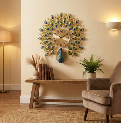 FunkyDecors Royal Peacock Metal Wall Clock with Crystal Accents (55cm x 55cm) – Luxury 3D Wall Decor