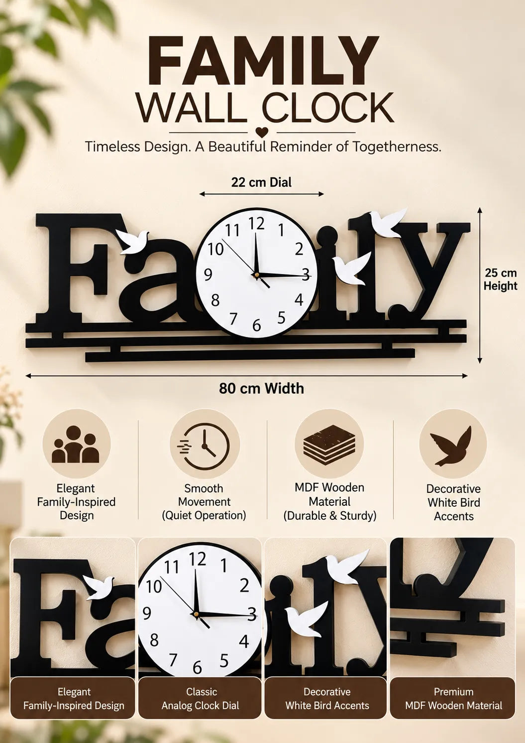 Family Wall Clock with White Birds – Black Decorative Wooden Wall Clock