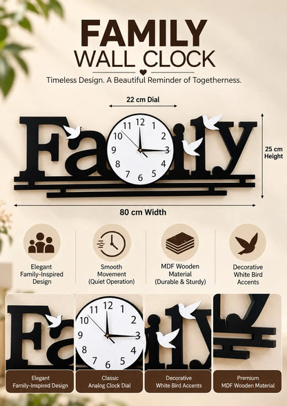 Family Wall Clock with White Birds – Black Decorative Wooden Wall Clock