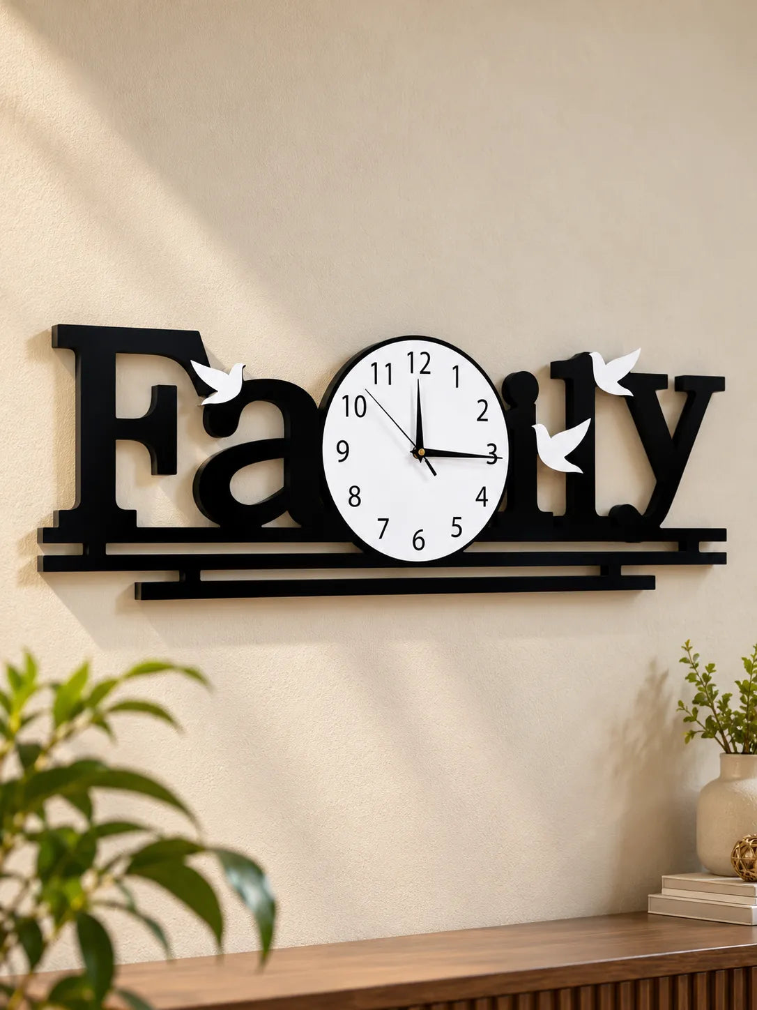 Family Wall Clock with White Birds – Black Decorative Wooden Wall Clock