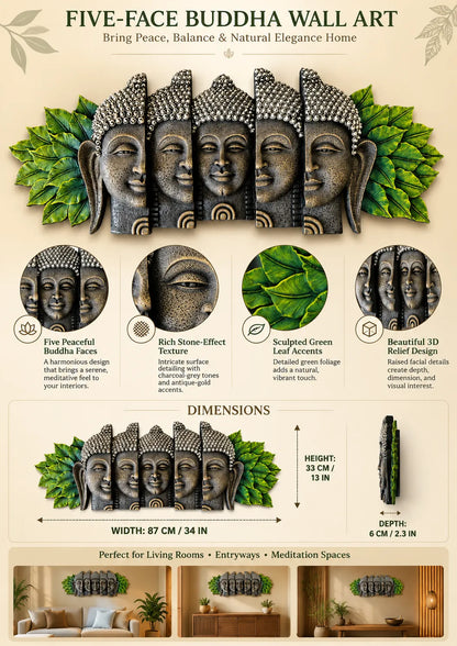 Five-Face Buddha Wall Art with Green Leaf Accents – Antique Stone Finish Decorative Wall Sculpture | FunkyTradition