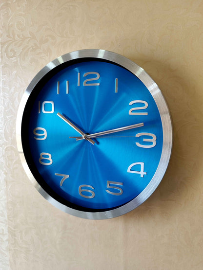 Modern Silent Metal Wall Clock – 12 Inch Brushed Silver Frame & Vibrant Blue Dial