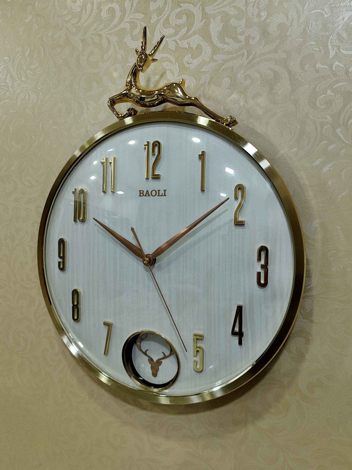 Luxury Deer Wall Clock with Pendulum – 14"x18" Antique Gold Finish