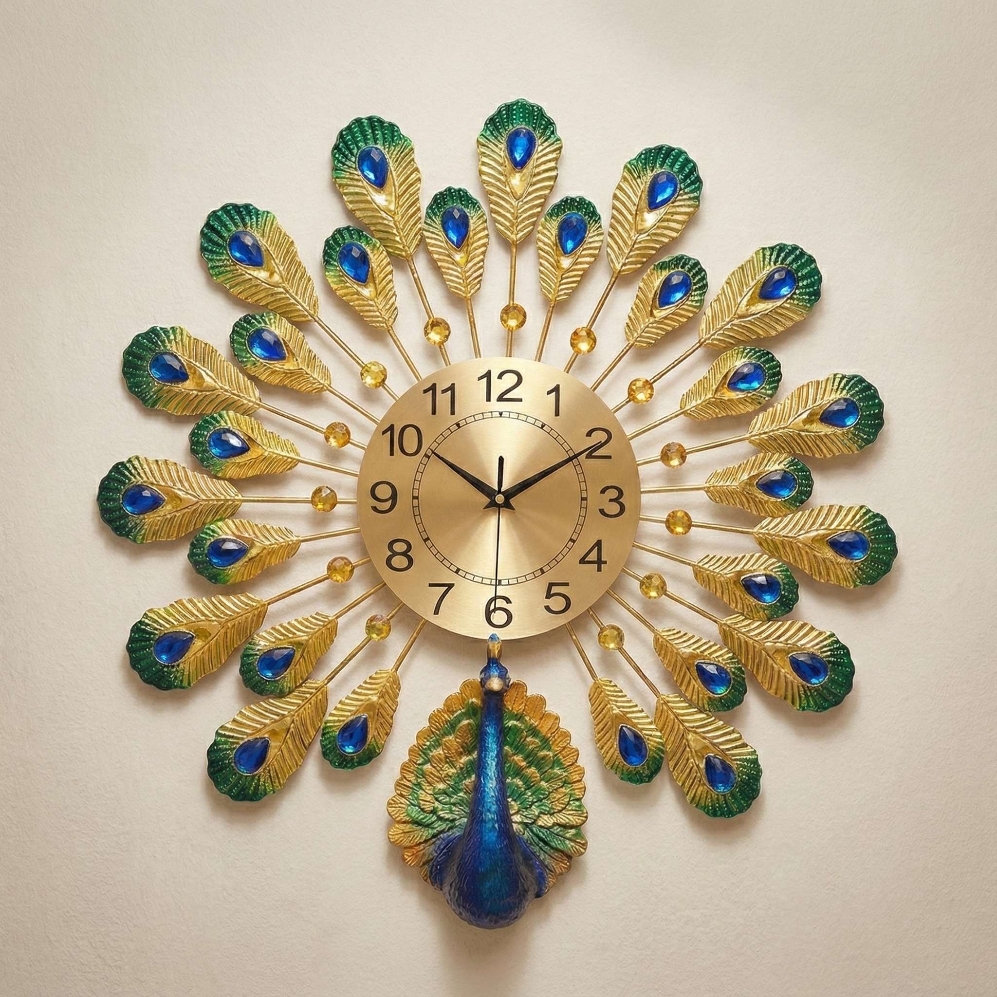 FunkyDecors Majestic 3D Peacock Wall Clock with gold metal frame and blue green feathers
