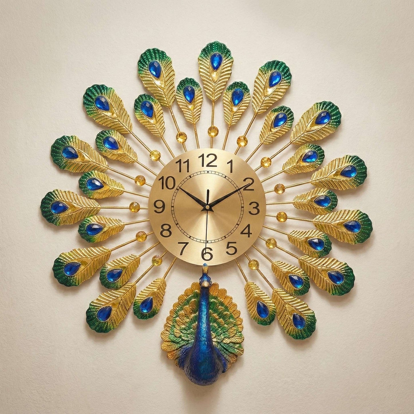 FunkyDecors Majestic 3D Peacock Wall Clock with gold metal frame and blue green feathers