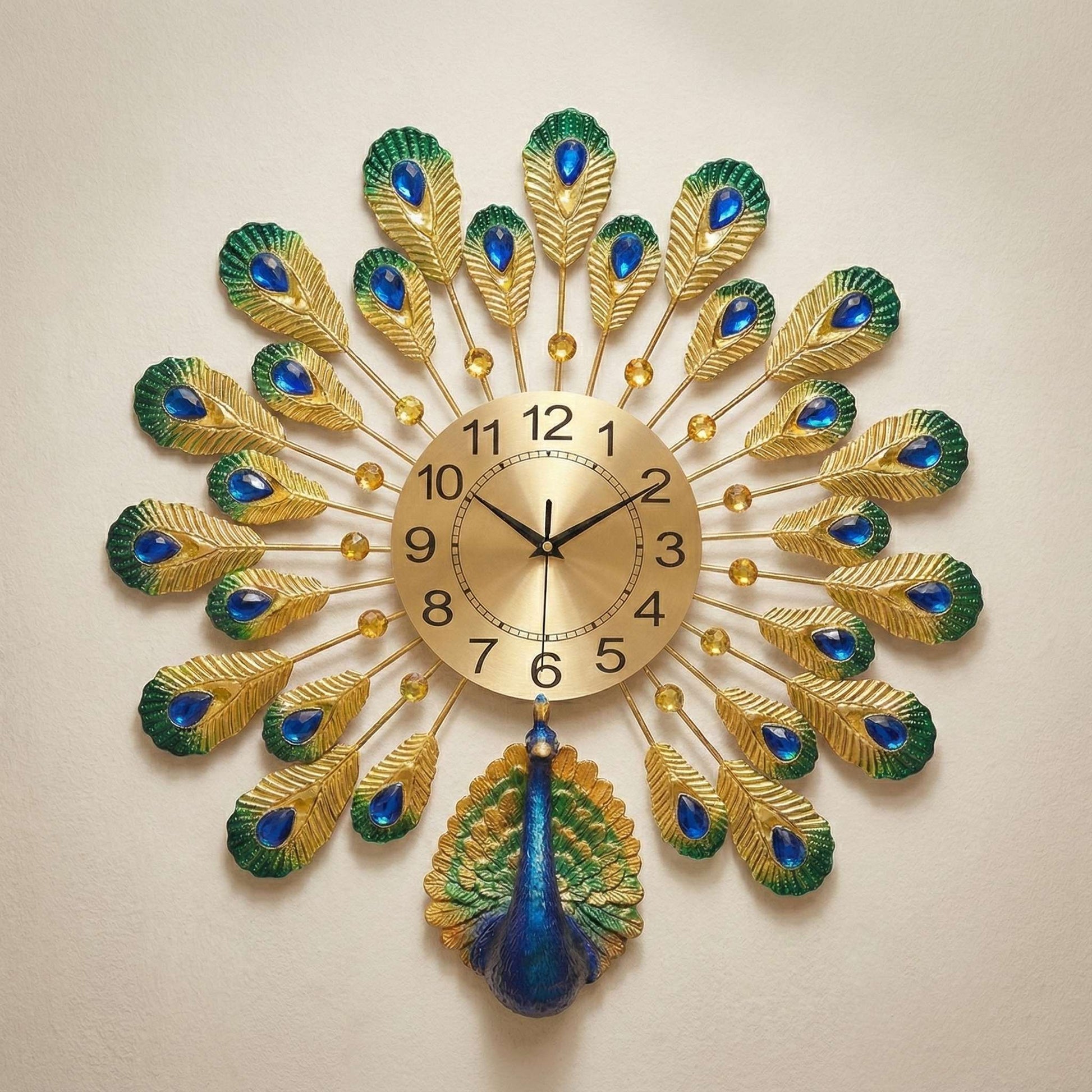 FunkyDecors Majestic 3D Peacock Wall Clock with gold metal frame and blue green feathers