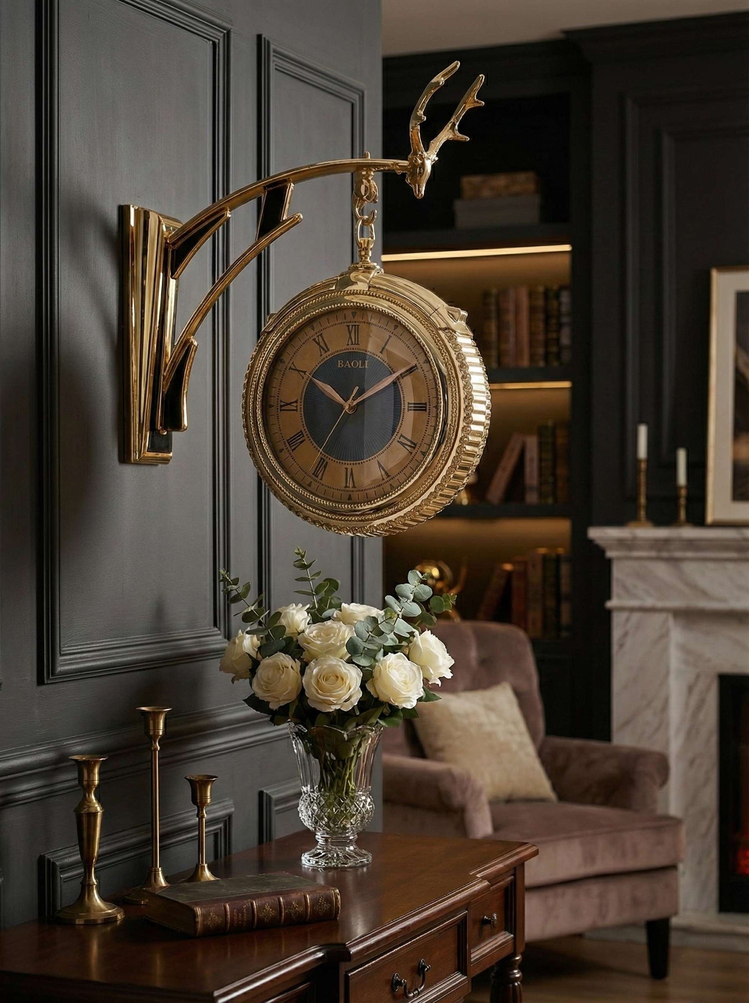 FunkyDecors gold dual-faced wall clock with Roman numerals