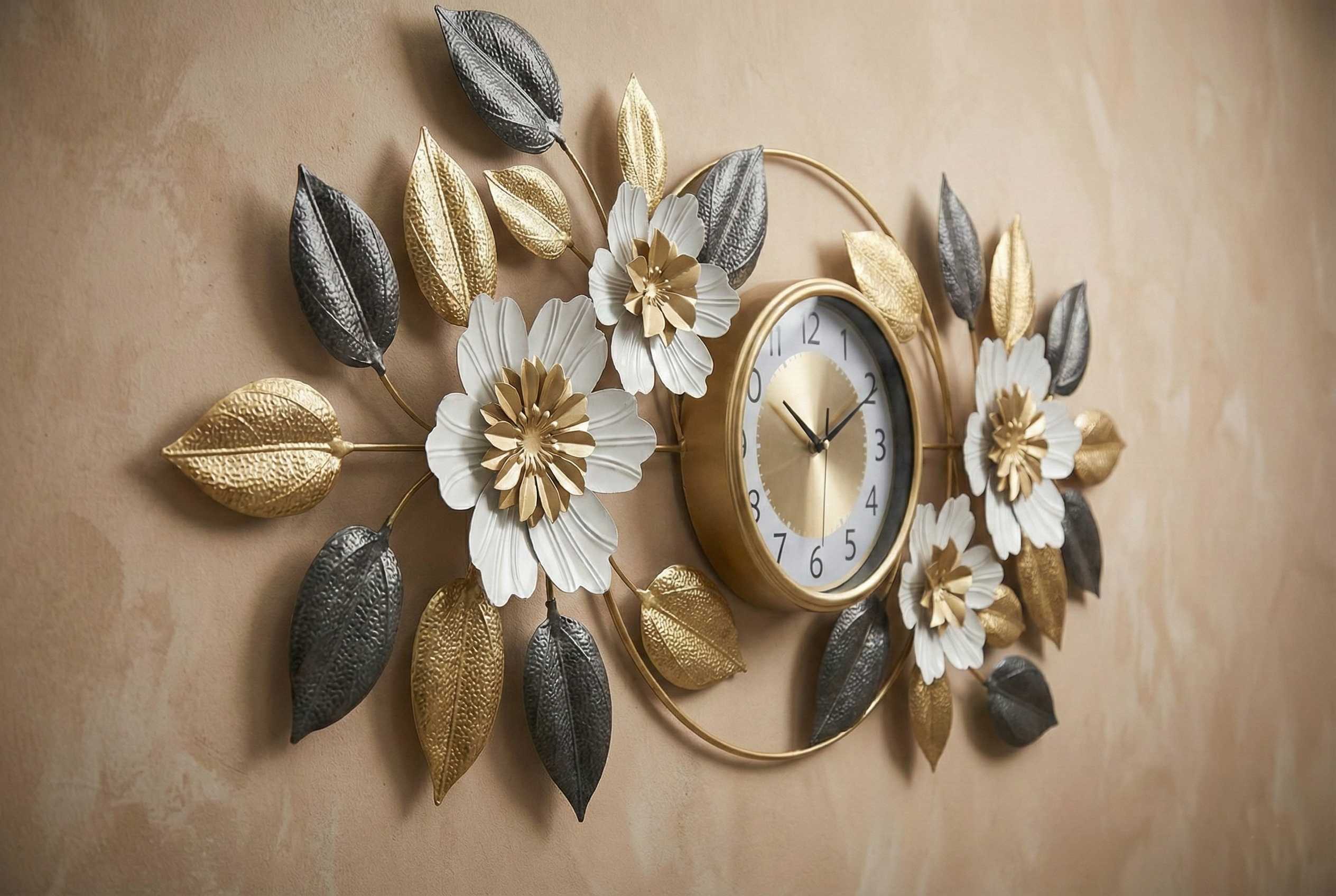 FunkyDecors iron wall art clock. Decorative wall clock with floral and leaf designs on a beige background