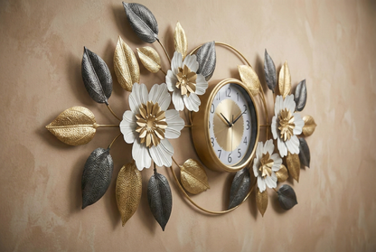 FunkyDecors iron wall art clock. Decorative wall clock with floral and leaf designs on a beige background
