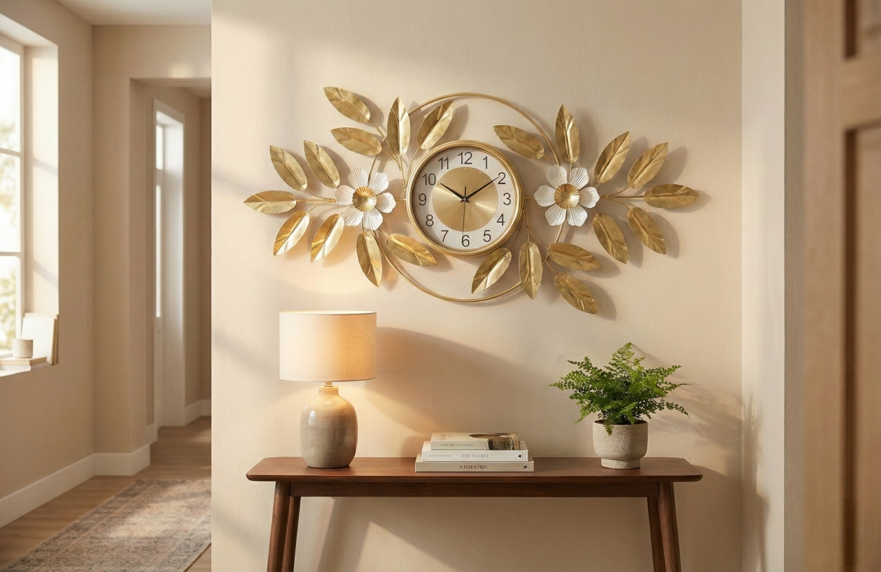 FunkyDecors large gold metal wall clock with floral design for living room.