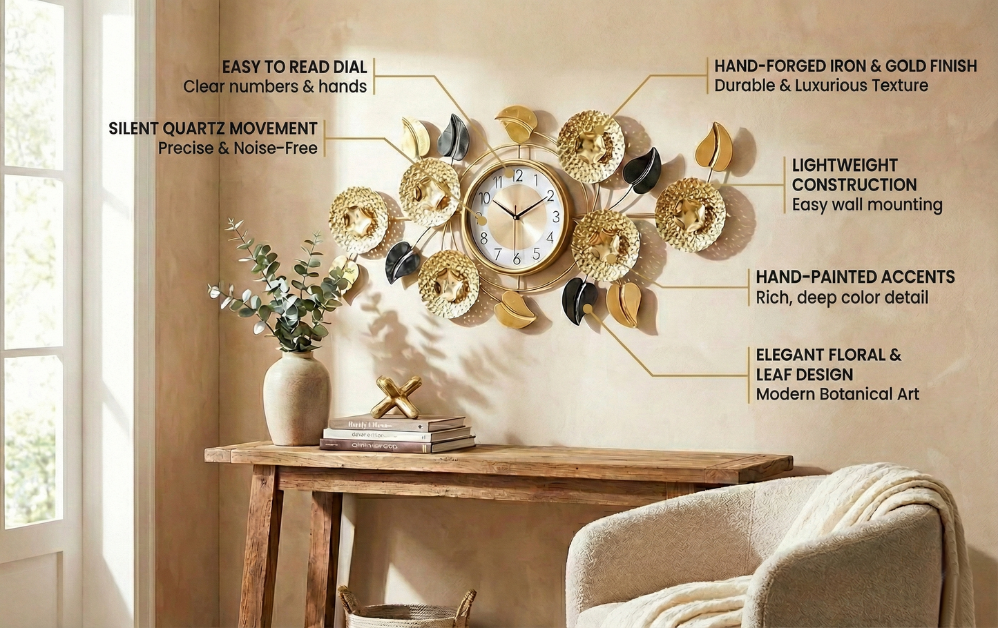 FunkyDecors wall clock infographic highlighting features: Silent Quartz Movement, Easy to Read Dial, Hand-Forged Iron & Gold Finish, Lightweight Construction, Hand-Painted Accents, and Elegant Floral & Leaf Design.