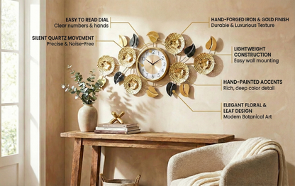 FunkyDecors wall clock infographic highlighting features: Silent Quartz Movement, Easy to Read Dial, Hand-Forged Iron & Gold Finish, Lightweight Construction, Hand-Painted Accents, and Elegant Floral & Leaf Design.