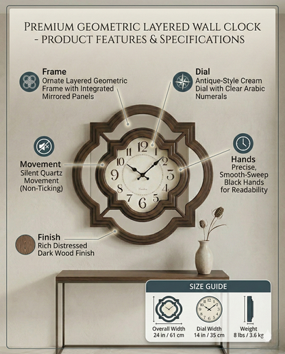 Geometric Layered Wall Clock 24 Inch Decorative Silent Quartz Wall Clock with Mirror Panels