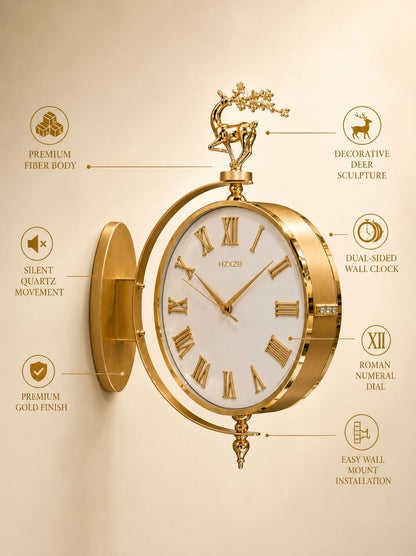 Gold decorative wall clock with a white dial and Roman numerals, shown with callout lines and text describing features such as premium fiber body, silent quartz movement, double-sided wall clock, and Roman numeral dial.