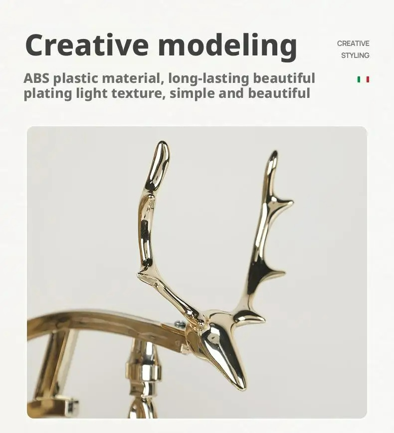 Gold deer antler-shaped decorative item on a white background with text about material and design.