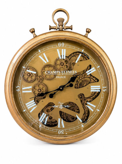 Gold pocket watch with intricate design on a white background