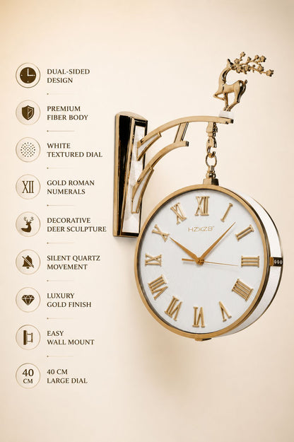 Gold wall-mounted decorative clock with a white dial, Roman numerals, and a deer sculpture on the bracket, shown beside a feature list on a beige background.