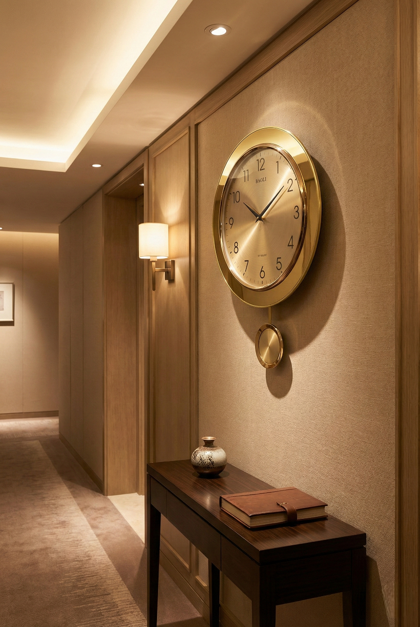 Gold wall clock on a beige wall in a hallway with a side table and lamp.