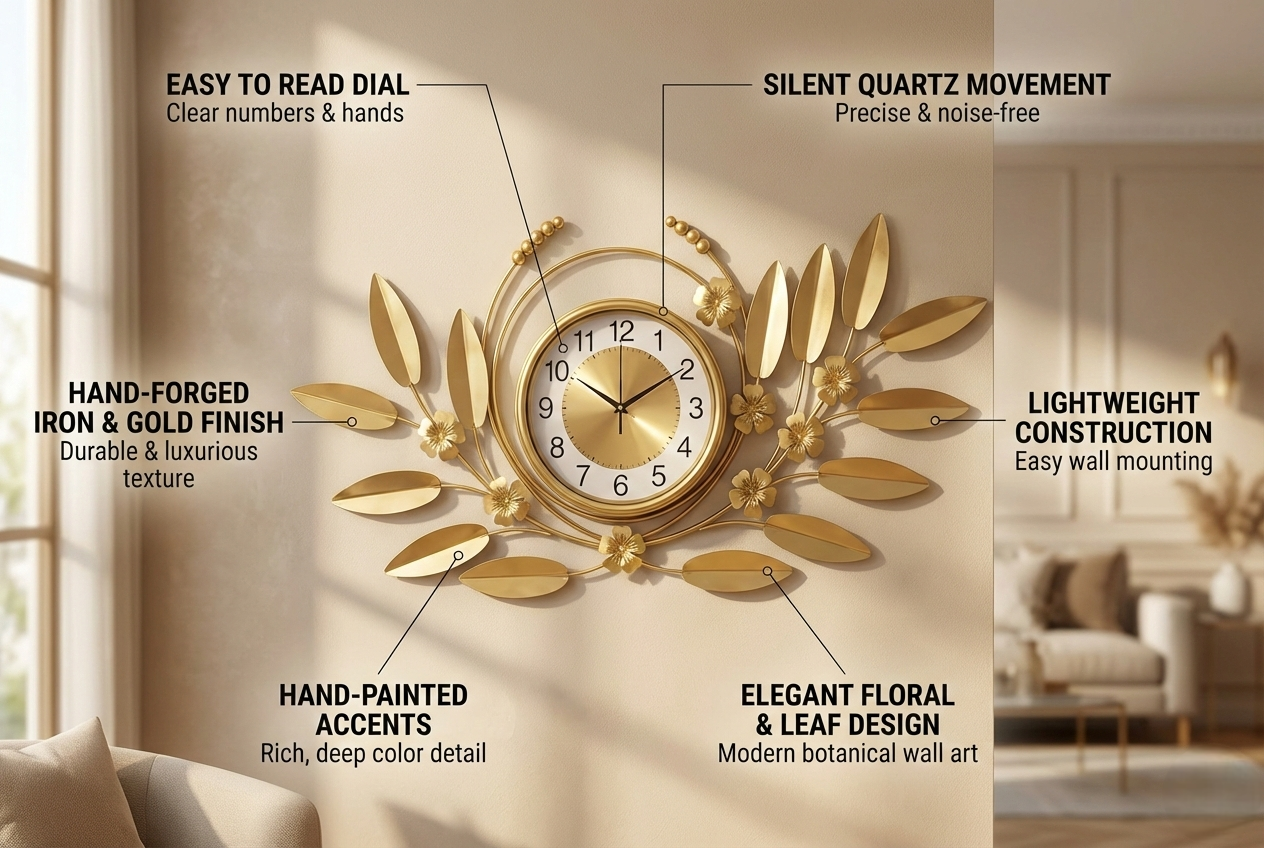 Gold wall clock with features highlighted on a beige wall.