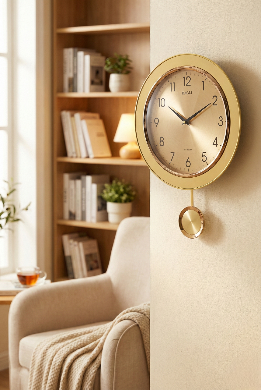Gold wall clock with pendulum in a living room setting