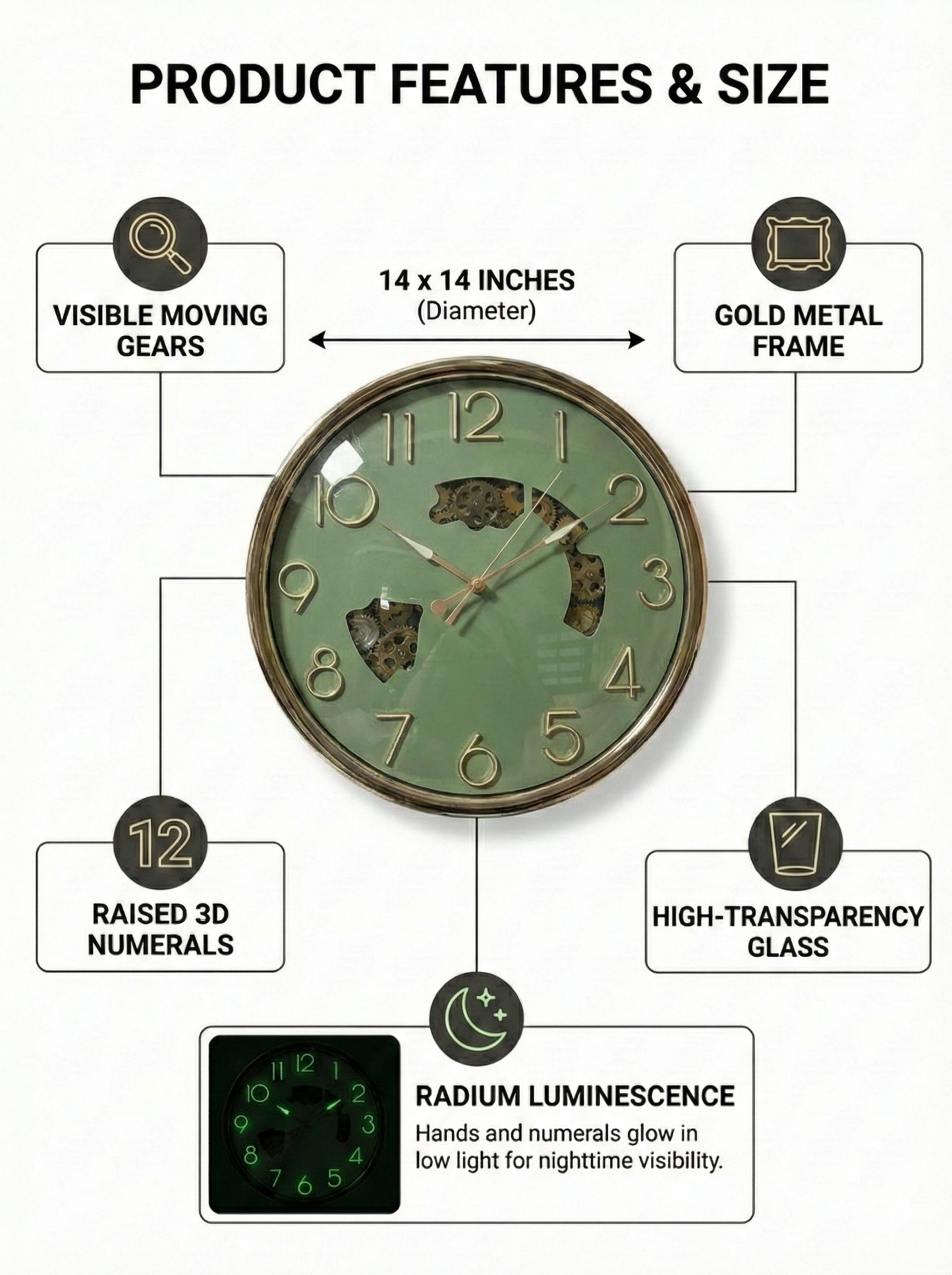 Wall clock with features highlighted on a white background