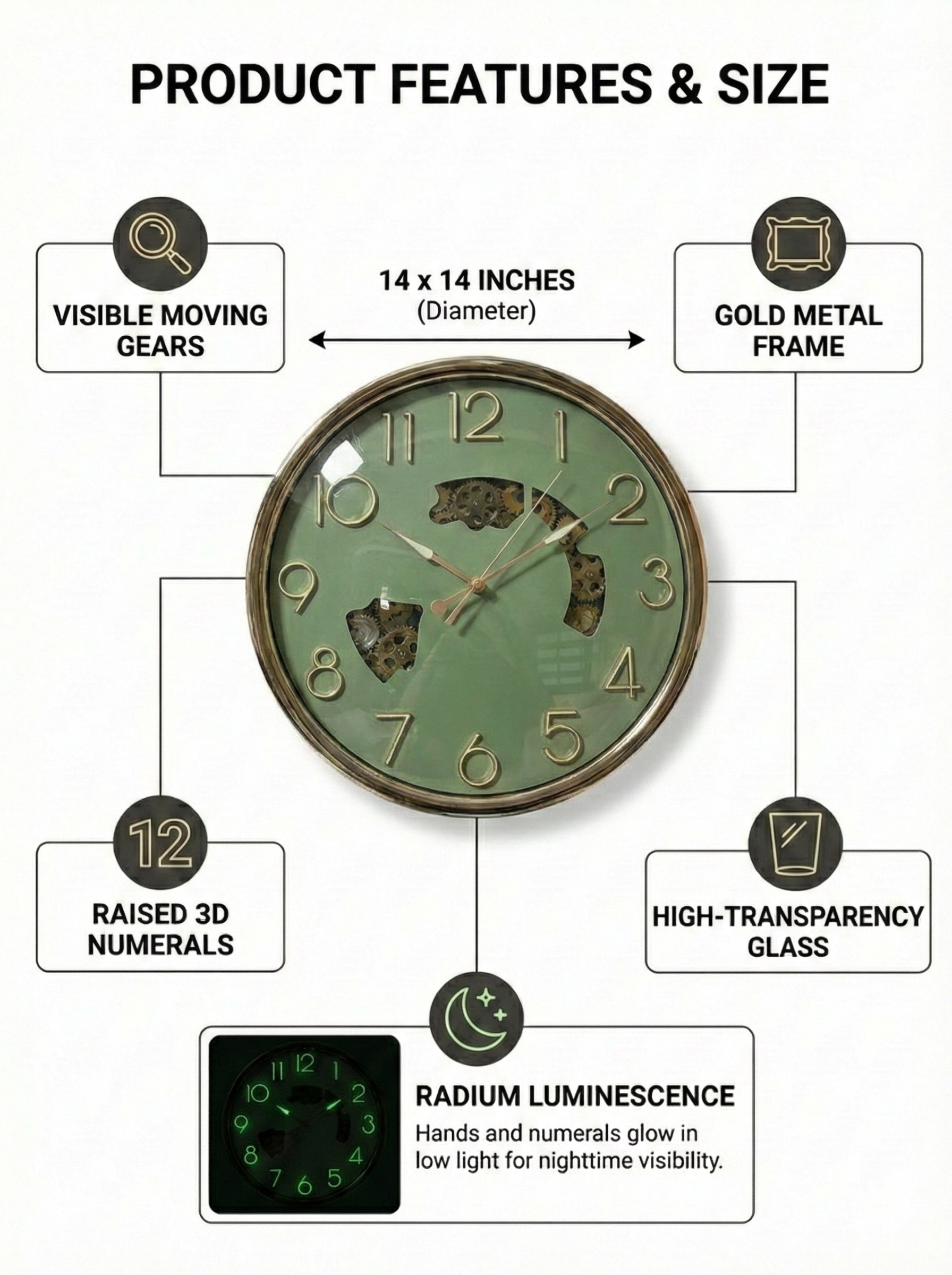 Wall clock with features highlighted on a white background