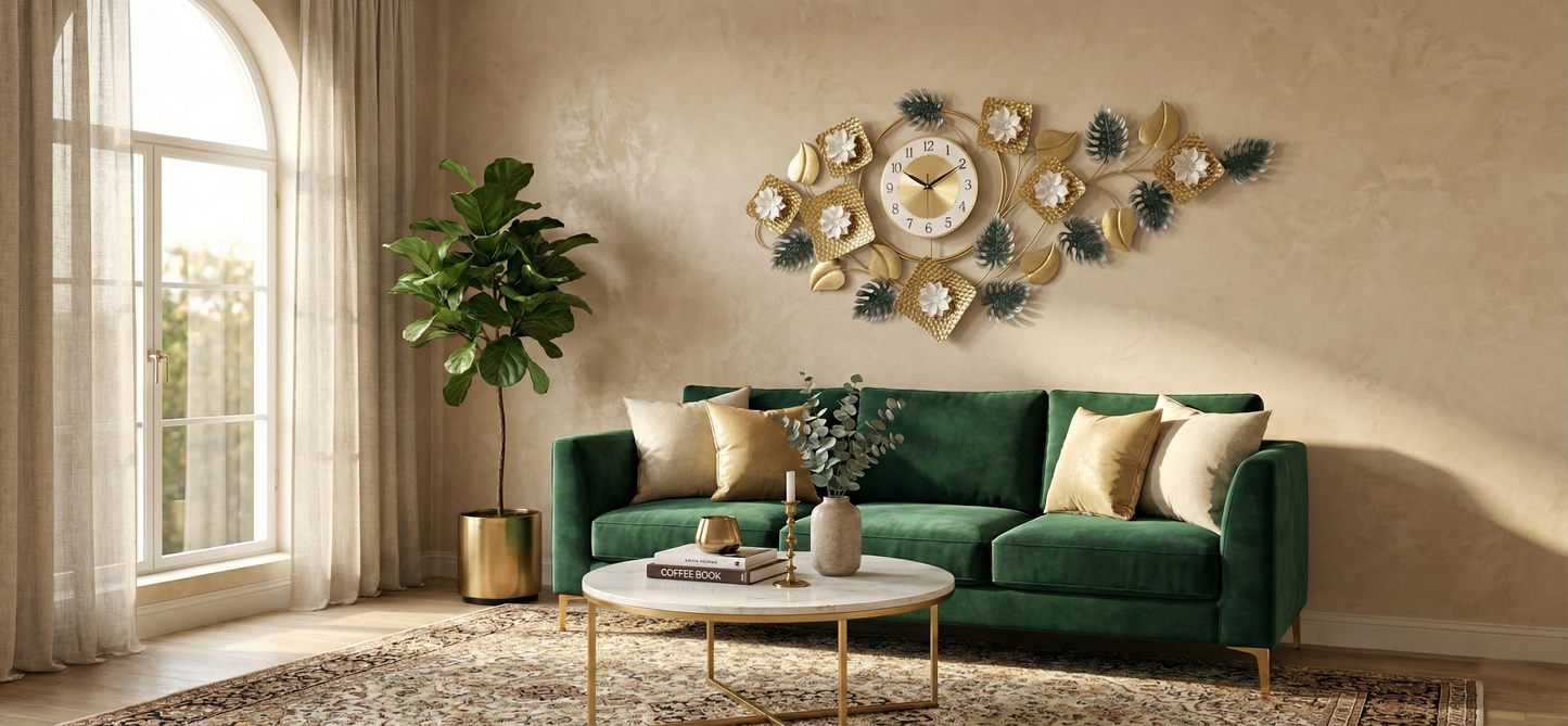 Green sofa in a living room with decorative wall clock and plants