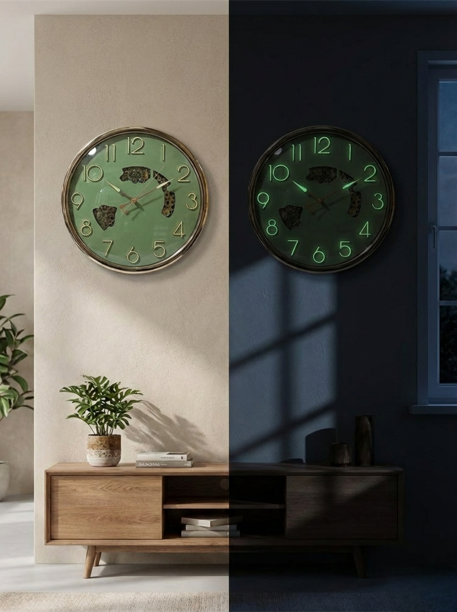 Green wall clock on a beige wall with a plant and wooden cabinet, and another green wall clock in a dark room.