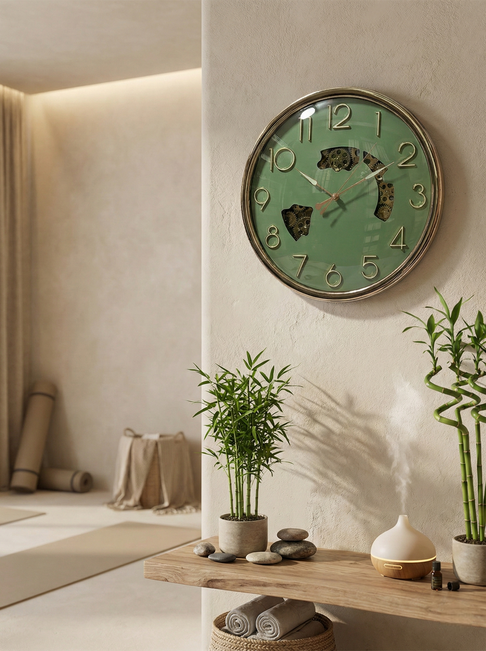 Green wall clock on a neutral wall with plants and decor