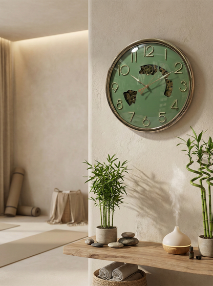 Green wall clock on a neutral wall with plants and decor