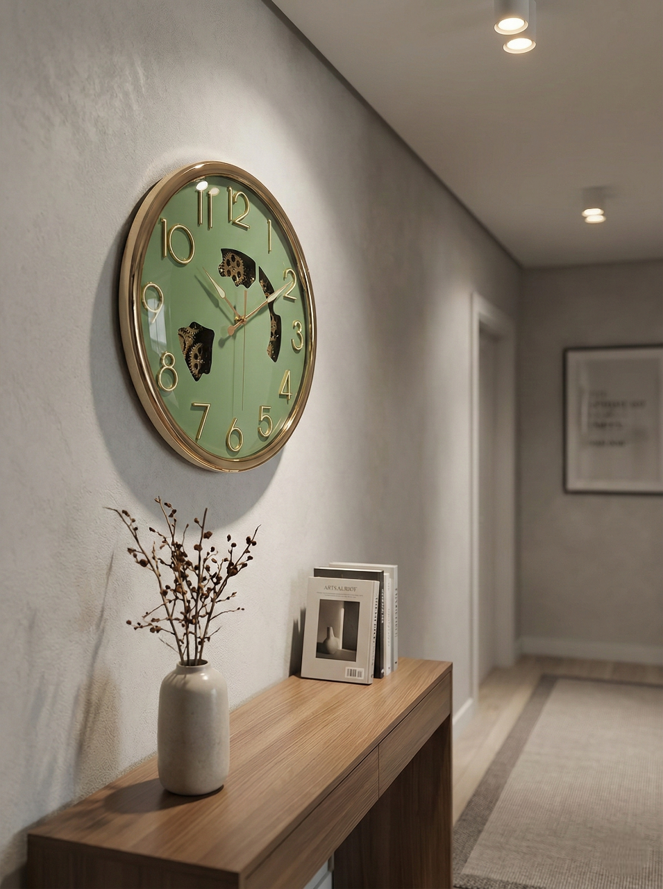 Green wall clock on a wall in a room with a wooden console table and decorative items.