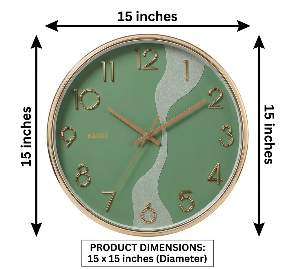 Green wall clock with gold accents and dimensions labeled on a white background